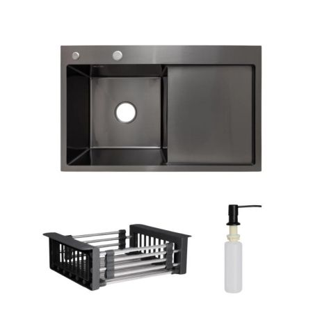 Комплект Lidz Handmade H7849BR Мийка для кухні інтегрована крило праворуч BlackPVD у комплекті з дозатором +
