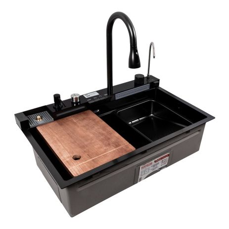 Черная кухонная мойка CM 75*46C PVD Platinum Handmade "ВОДОСПАД" (Декор)