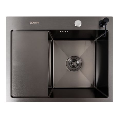 Кухонна мийка VALESO CM 58x48 R чорна PVD Handmade (круглий сифон)