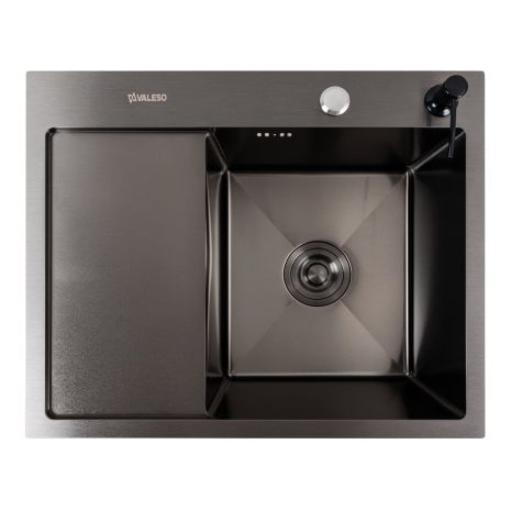 Кухонна мийка VALESO CM 58x48 R чорна PVD Handmade (круглий сифон)