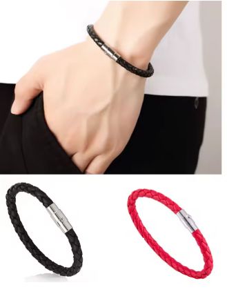 Браслет мужской плетеный черный красный кожаный