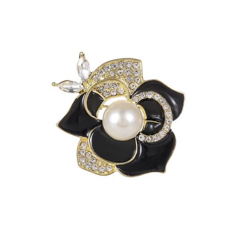 Брошь черный цветок камелия с жемчугом камнями булавка в виде цветка Брошь черный цветок камелия с жемчугом камнями булавка в виде цветка