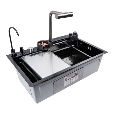 Кухонна мийка PVD чорна Valeso Handmade "Водоспад" (ДЕКОР 75х45DF)