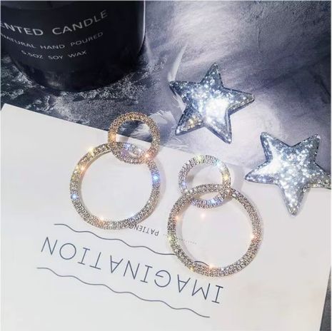 Серьги кольца большие двойные серьги белые кристаллы длинные висячие