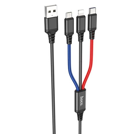 USB Кабель HOCO X76 3in1 USB - Lightning + MicroUSB + Type-C чорний, червоний, синій