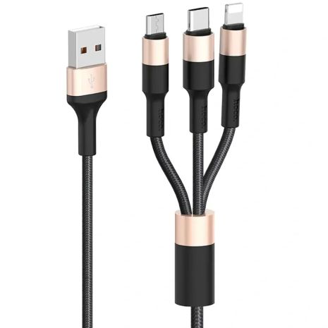 USB Кабель HOCO X26 3in1 USB - Lightning + MicroUSB + Type-C (1М) (чорно-золотистий)