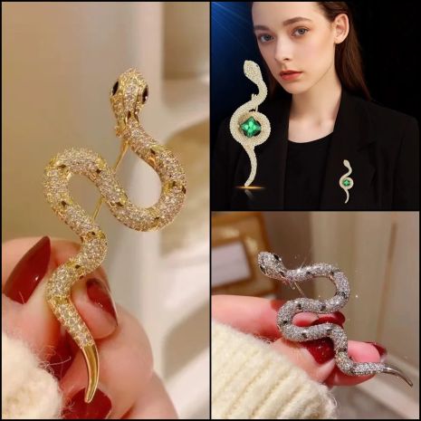 Брошь змея булавка со змеей 3 вида золотистая с зелеными кристаллами