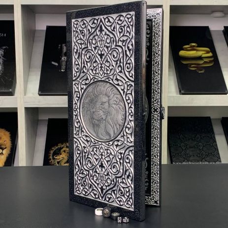 Нарди з каменю з текстурою чорного мармуру Різьблений лев 58×28×5см