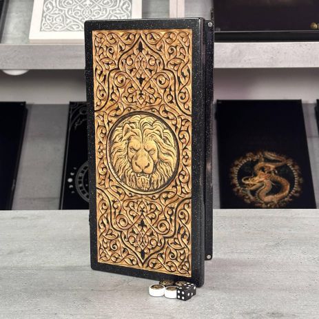 Нарды из черного камня с резьбой Лев премиальные 370 мм.