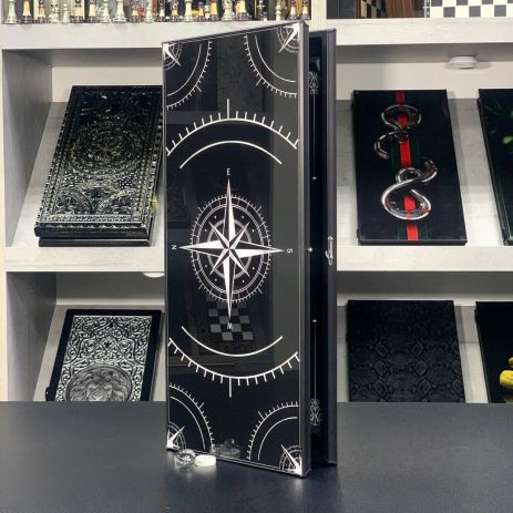 Скляні нарди з алюмінієвим корпусом Роза Вітрів 61×27×5см