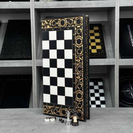 Шахматы из камня с текстурой черного мрамора 58×28×2см