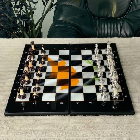 Шахматы стеклянные 61х27см с дизайном на игровом поле