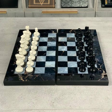 Шахи та нарди 3в1 зі скляним полем та мармуровим дизайном