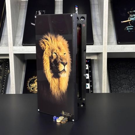 Стеклянные нарды с деревянным кркасом и изображением льва 50х23см.