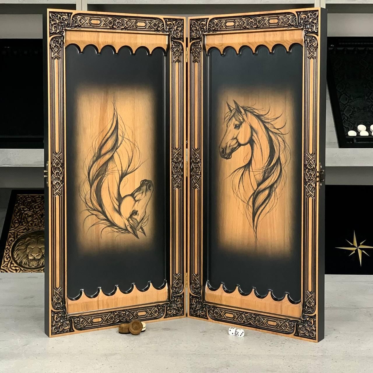 Нарды деревянные ручной работы «Конь» 60х28 см символ удачи Нарды деревянные ручной работы «Конь» 60х28 см символ удачи