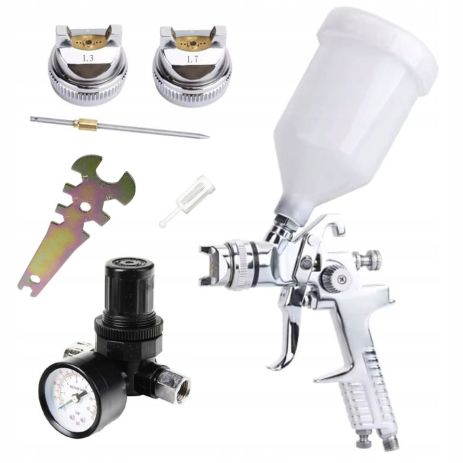 Набір пневмофарбувальний H-827 з регулятором повітря, тип HVLP, верхній пластиковий бачок, діаметр форсунок 1,3/1,7 AUARITA KIT-H-827-1.3-1.7