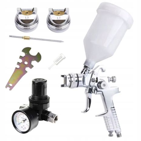 Набір пневмофарбувальний H-827 з регулятором повітря, тип HVLP, верхній пластиковий бачок, діаметр форсунок 1,3/1,7 AUARITA KIT-H-827-1.3-1.7