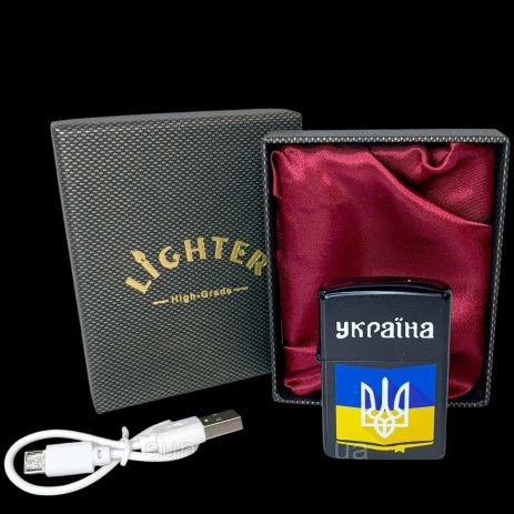 Электронная USB зажигалка Флаг Украины спираль накаливания металлическая в подарочной коробке