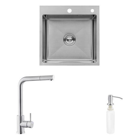 Комплект кухонная мойка Kroner Gebürstet-5050HM + смеситель Edelstahl Klassisch-ESG03917 + дозатор Spender-016
