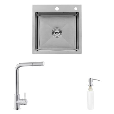 Комплект кухонная мойка Kroner Gebürstet-5050HM + смеситель Edelstahl Klassisch-ESG03917 + дозатор Spender-016