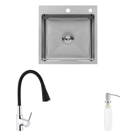 Комплект кухонная мойка Kroner Gebürstet-5050HM + смеситель Küche-C031BLK + дозатор Spender-016