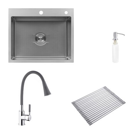 Комплект кухонная мойка Kroner Derby-6050HM Brush + сушка для посуды Kroner Matte-GRA4333-2 + смеситель Kuche-C132GRA + дозатор