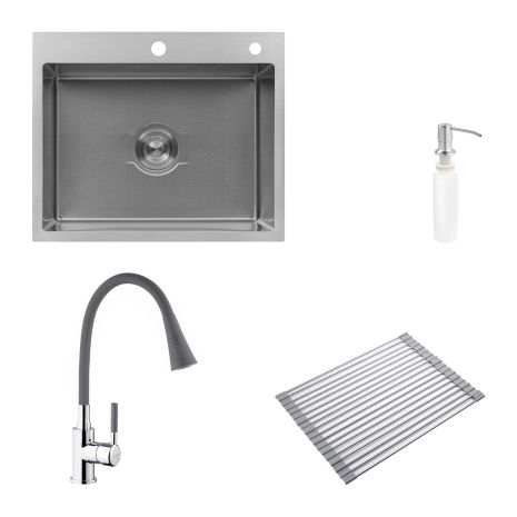 Комплект кухонная мойка Kroner Derby-6050HM Brush + сушка для посуды Kroner Matte-GRA4333-2 + смеситель Kuche-C132GRA + дозатор