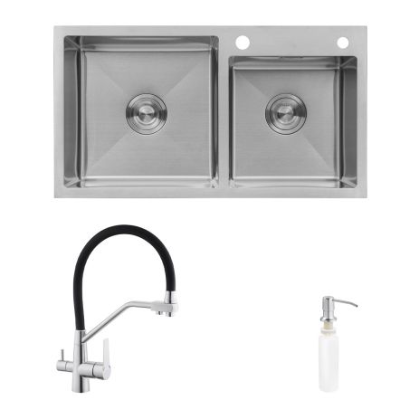 Комплект кухонна мийка Kroner Gebürstet-7843ZHM + змішувач Edelstahl Klassisch-ESG03817BLK + дозатор Spender-016