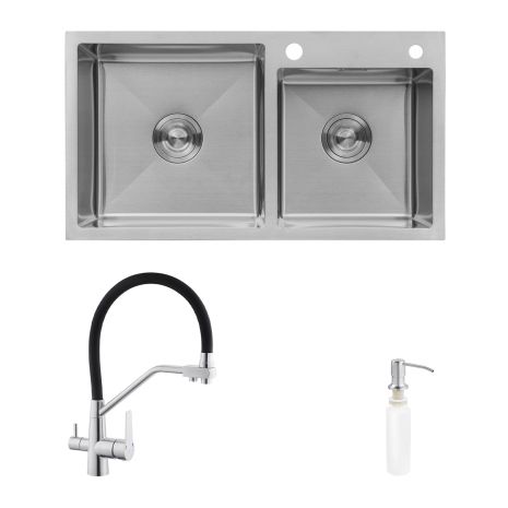 Комплект кухонна мийка Kroner Gebürstet-7843ZHM + змішувач Edelstahl Klassisch-ESG03817BLK + дозатор Spender-016