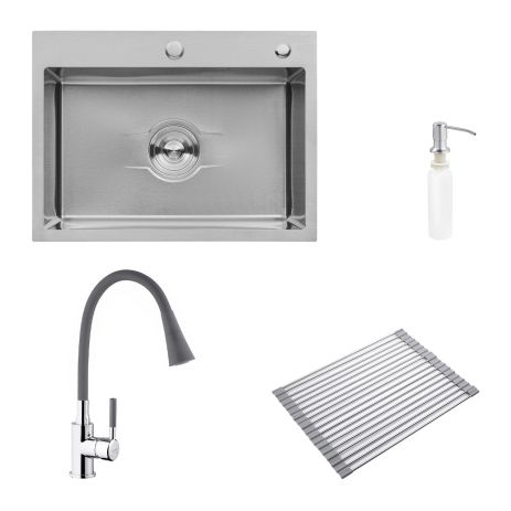 Комплект кухонная мойка Kroner Derby-5843HM Brush + сушка для посуды Kroner Matte-GRA4333-2 + смеситель Kuche-C132GRA + дозатор