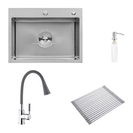 Комплект кухонная мойка Kroner Derby-5843HM Brush + сушка для посуды Kroner Matte-GRA4333-2 + смеситель Kuche-C132GRA + дозатор