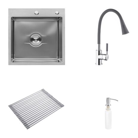 Комплект кухонная мойка Kroner Derby-5050HM Brush + сушка для посуды Kroner Matte-GRA4333-2 + смеситель Kuche-C132GRA + дозатор