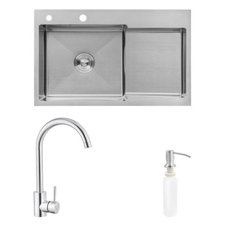 Комплект кухонна мийка Kroner Gebürstet-7848LHM + змішувач Edelstahl Klassisch-ESG035 + дозатор Spender-016