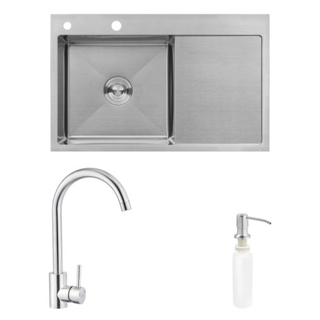 Комплект кухонная мойка Kroner Gebürstet-7849LHM + смеситель Edelstahl Klassisch-ESG035 + дозатор Spender-016
