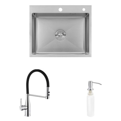 Комплект кухонна мийка Kroner Gebürstet-6050HM + змішувач Ersel-C03111BLK + дозатор Spender-016
