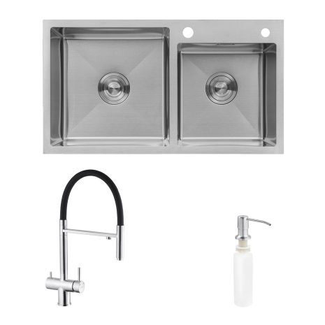 Комплект кухонная мойка Kroner Gebürstet-7843ZHM + смеситель Edelstahl Klassisch-ESG03815BLK + дозатор Spender-016