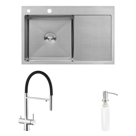 Комплект кухонный мойка Kroner Gebürstet-7849LHM + смеситель Edelstahl Klassisch-ESG03815BLK + дозатор Spender-016