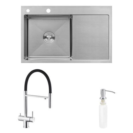 Комплект кухонный мойка Kroner Gebürstet-7849LHM + смеситель Edelstahl Klassisch-ESG03815BLK + дозатор Spender-016