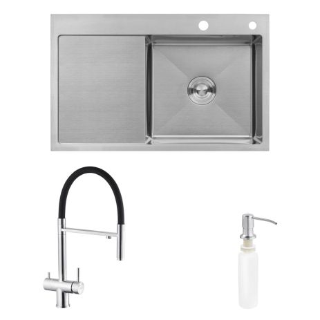 Комплект кухонная мойка Kroner Gebürstet-7849RHM + смеситель Edelstahl Klassisch-ESG03815BLK+ дозатор Spender-016