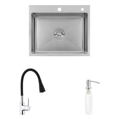 Комплект кухонна мийка Kroner Gebürstet-6050HM + змішувач Küche-C031BLK + дозатор Spender-016