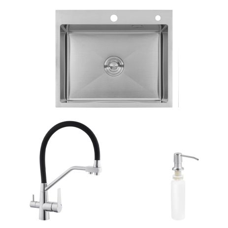 Комплект кухонна мийка Kroner Gebürstet-6050HM + змішувач Klassisch-ESG03817BLK+ дозатор Spender-016