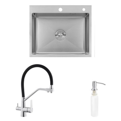 Комплект кухонна мийка Kroner Gebürstet-6050HM + змішувач Klassisch-ESG03817BLK+ дозатор Spender-016