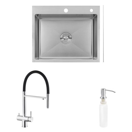 Комплект кухонна мийка Kroner Gebürstet-6050HM + змішувач Klassisch-ESG03815BLK + дозатор Spender-016