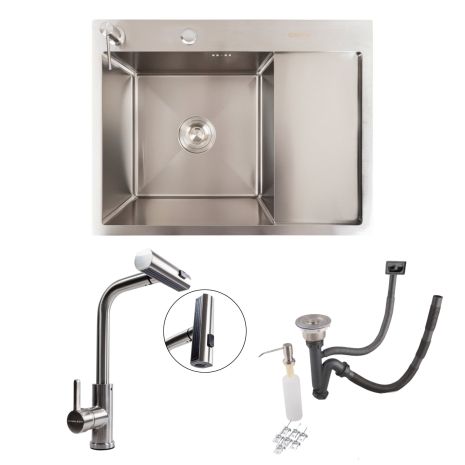2in1 Set Kitchen Sink Handmade CM 65*50 L Stainless Steel + Faucet XK08A VALESO