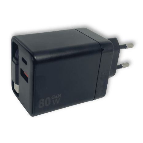 Зарядний пристрій GaN 80W з кабелем Type-C, USB + USB-C (A+C), швидка зарядка QC3.0, універсальний адаптер для смартфонів і ноутбуків Black