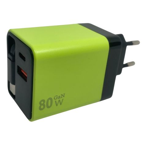 Зарядний пристрій GaN 80W з кабелем Type-C, USB + USB-C (A+C), швидка зарядка QC3.0, універсальний адаптер для смартфонів і ноутбуків Green