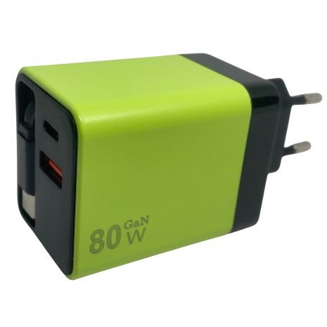 Зарядний пристрій GaN 80W з кабелем Type-C, USB + USB-C (A+C), швидка зарядка QC3.0, універсальний адаптер для смартфонів і ноутбуків Green