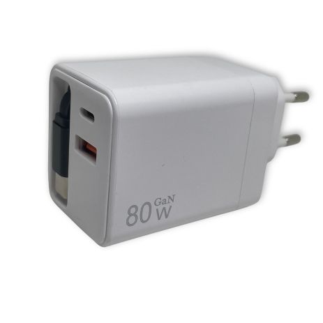 Зарядний пристрій GaN 80W з кабелем Type-C, USB + USB-C (A+C), швидка зарядка QC3.0, універсальний адаптер для смартфонів і ноутбуків White