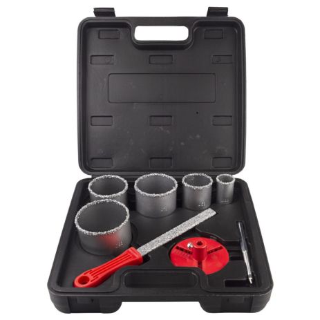 Коронки кольцевые с вольфрамовым напылением Ø33, 53, 67, 73, 83 мм + основание со сверлом (кейс) SIGMA 1512081