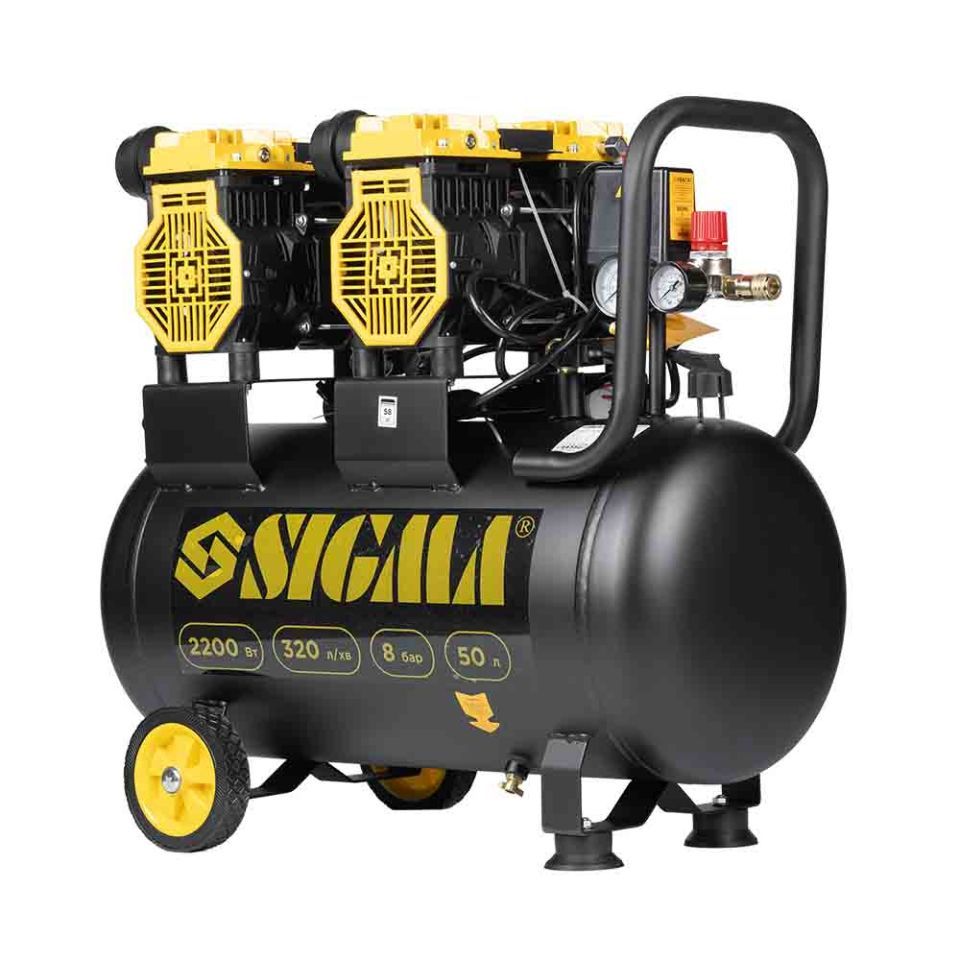 Чотирициліндровий безмасляний компресор 2.2кВт 1400об/хв 320л/хв 8бар 58дБ 50л SIGMA 7042551 Чотирициліндровий безмасляний компресор 2.2кВт 1400об/хв 320л/хв 8бар 58дБ 50л SIGMA 7042551